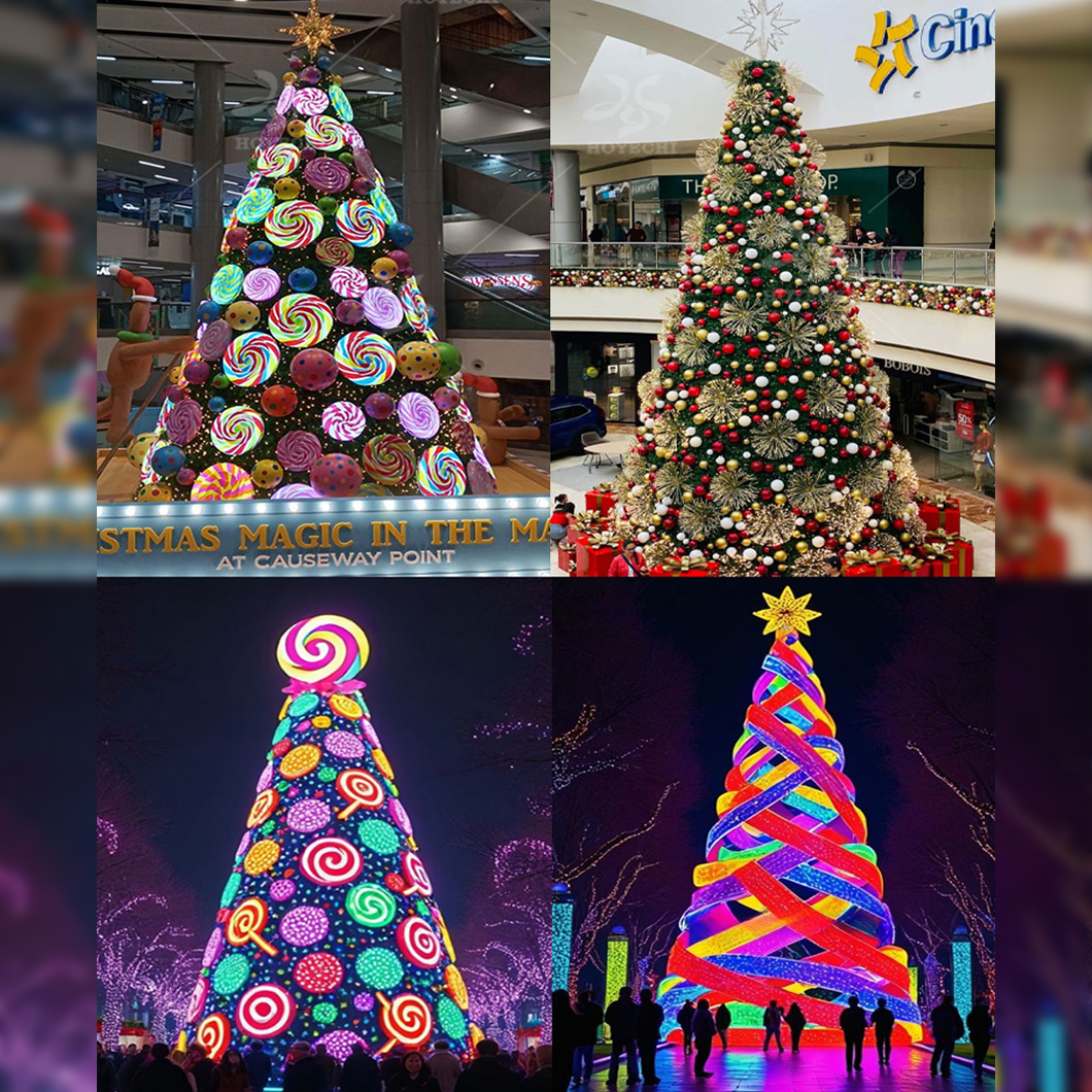 Collage of commercial Christmas tree display ideas including candy theme, classic ornament tree, and colorful illuminated holiday trees
