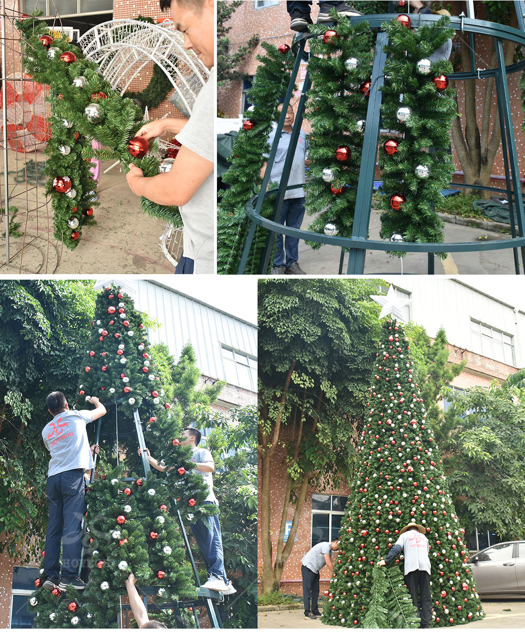 Trabalhadores instalam ornamentos numa grande árvore de Natal comercial de exterior durante a montagem.