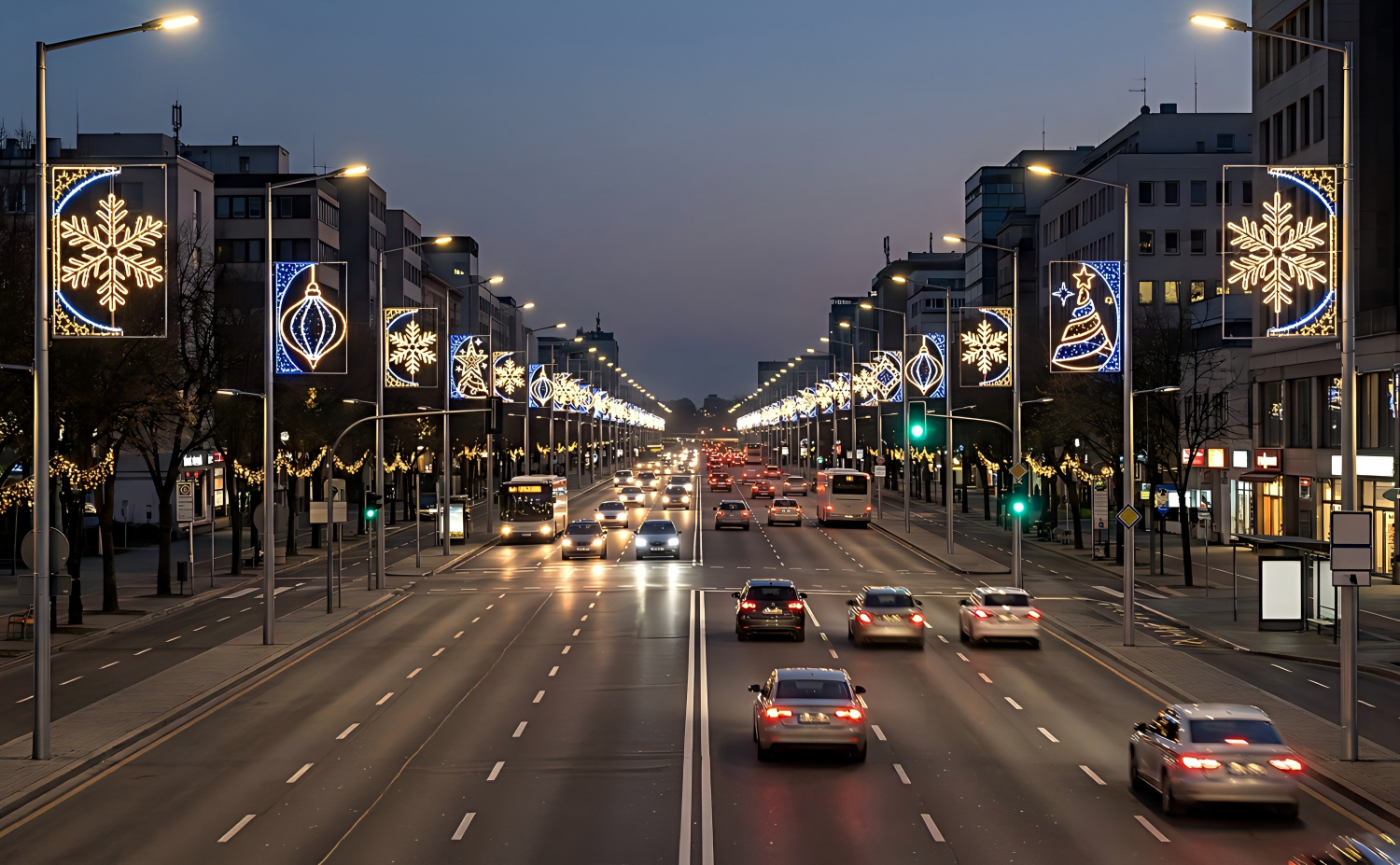 2D pole motif lights installed along a busy city main road with repeated holiday lighting on street lamps