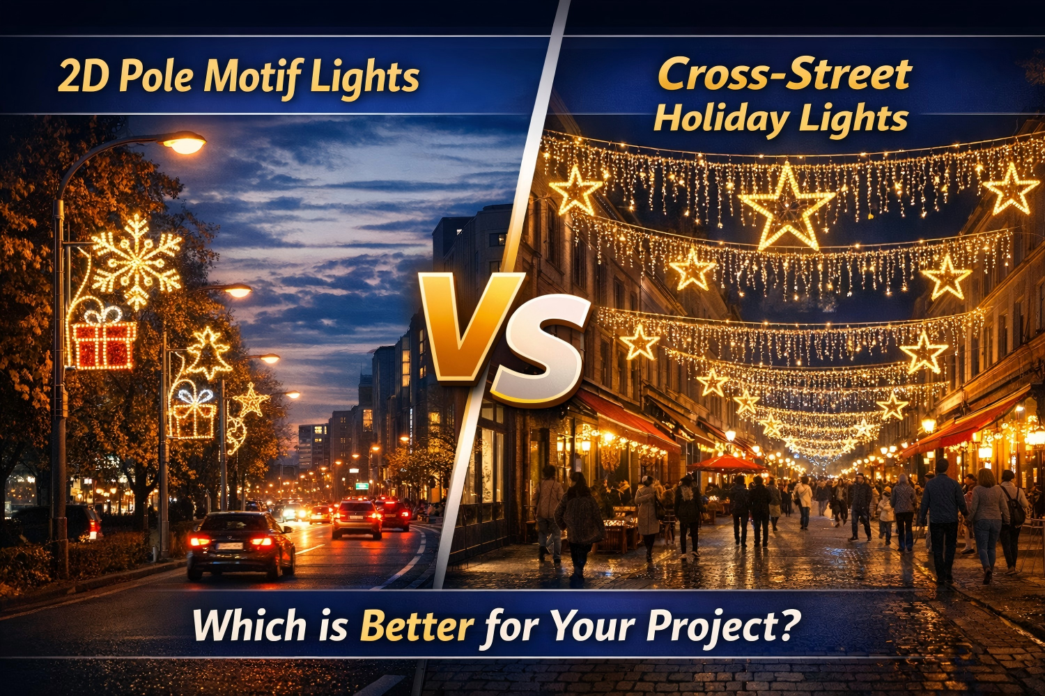 Comparison cover image of 2D pole motif lights and cross-street holiday lights for street decoration projects