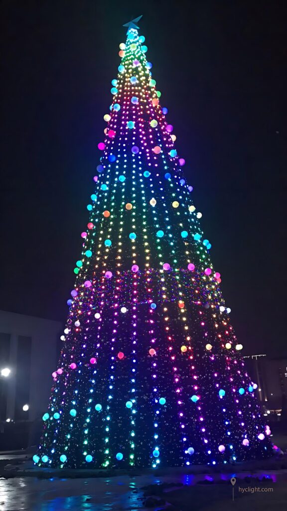 Arbre de Noël géant de 35 m à pixels DMX512 sur la place municipale de Tashkent avec effets lumineux synchronisés violet et vert