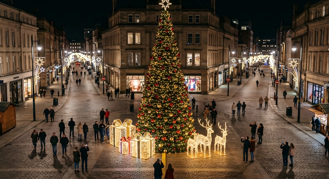 Muestra comercial navideña en la plaza de la ciudad con un árbol gigante al aire libre, esculturas de renos, cajas de regalos e iluminación pública navideña