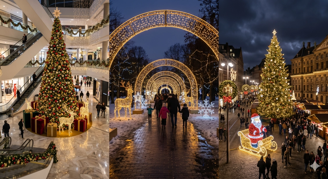 Commercial Christmas decorations shown across a shopping mall atrium, a park light route, and a city square holiday display