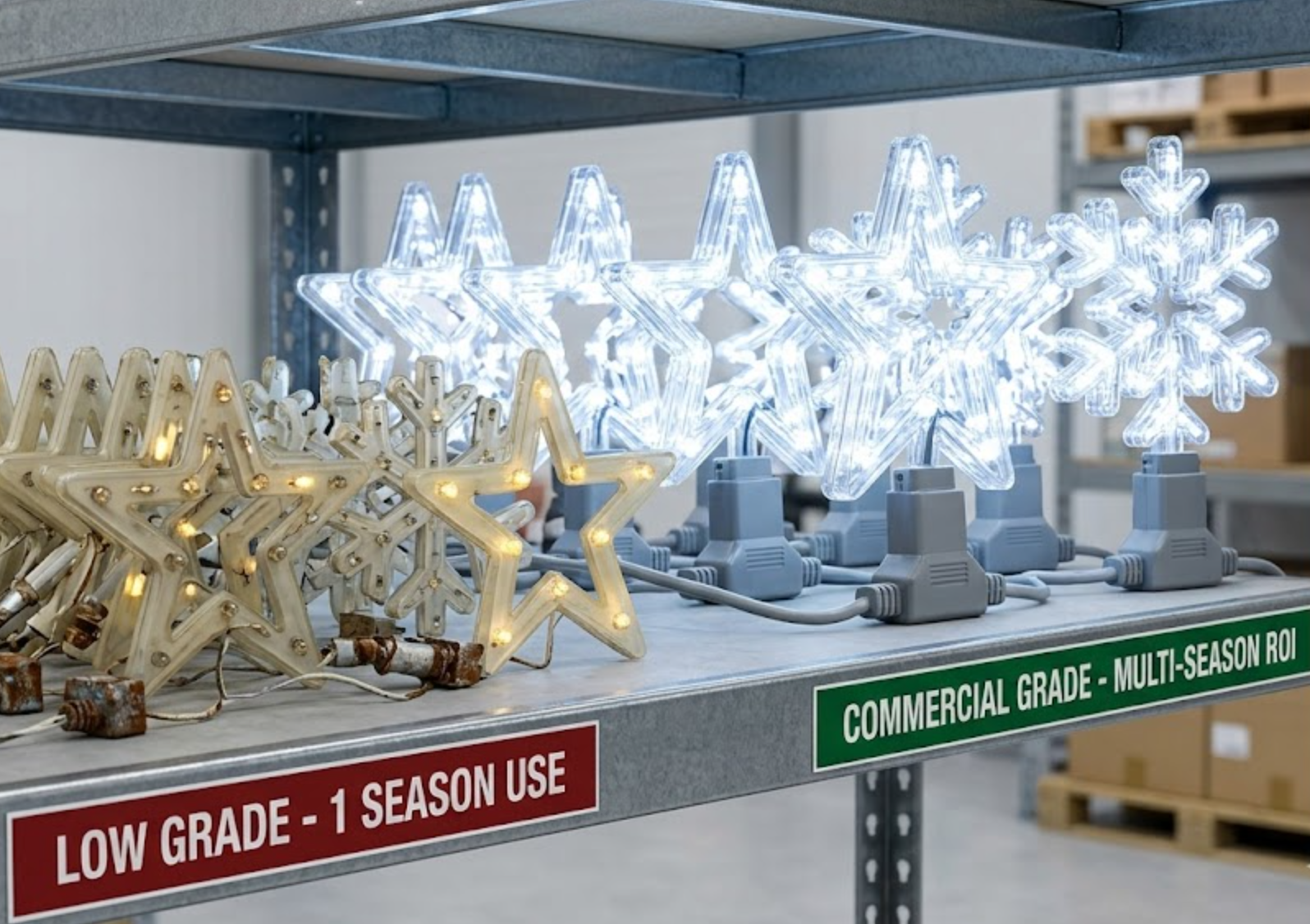 مقارنة عائد الاستثمار من الدرجة التجارية مقابل الإضاءة الموسمية منخفضة الدرجة لمخزون الجملة.