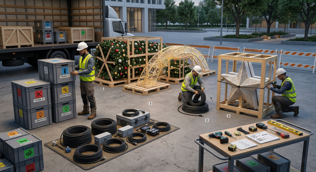 Modular commercial holiday decoration parts, wooden crates, cables, tools, and workers preparing for transport and on-site installation