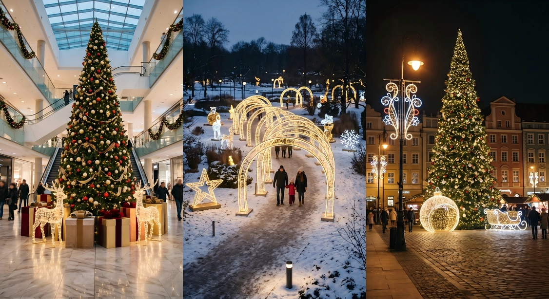 Planificación de la decoración navideña comercial en centros comerciales, parques y plazas utilizando diferentes productos de decoración navideña.