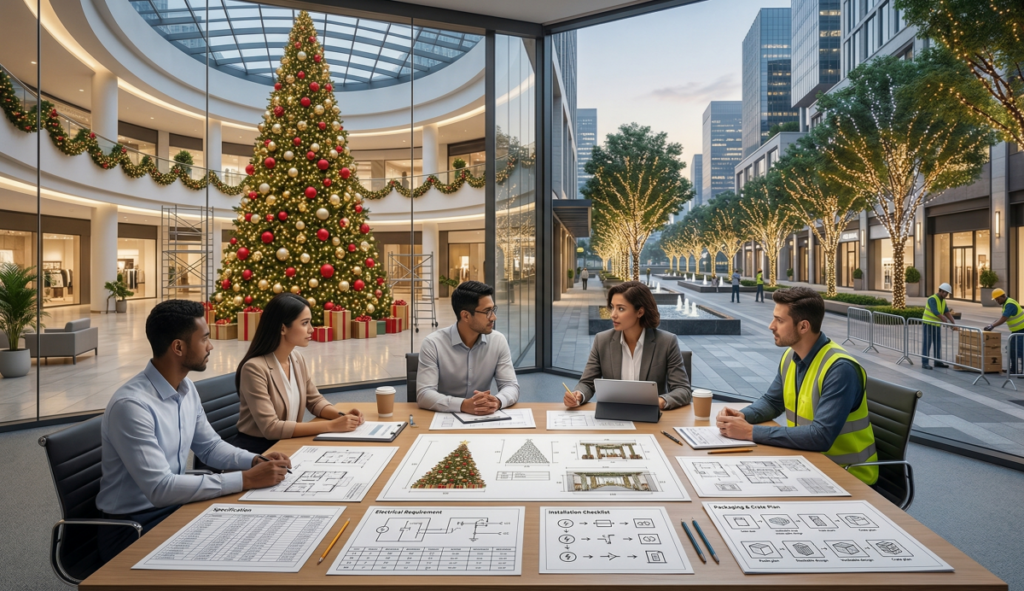 Scène de planification de l'approvisionnement en décorations de fêtes commerciales avec les maîtres d'ouvrage et les entrepreneurs examinant les plans, les spécifications, les exigences en matière d'électricité et les listes de contrôle pour l'installation.
