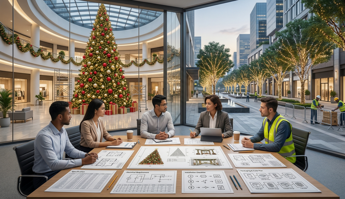 Escena de planificación de la adquisición de decoración navideña comercial con propietarios de proyectos y contratistas, revisión de planos, especificaciones, requisitos eléctricos y listas de comprobación de la instalación.