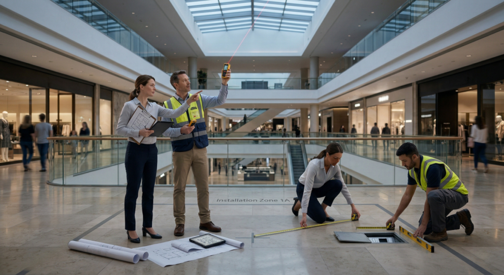 Project team inspecting a shopping mall or public plaza site for commercial holiday decoration installation, checking access, ceiling height, floor area, and power location