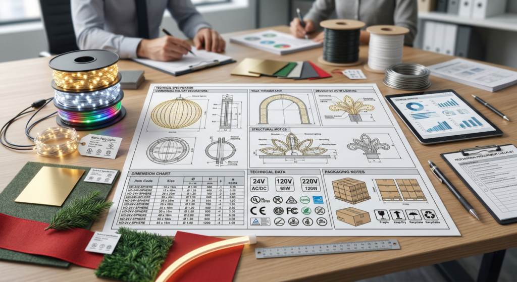 Commercial holiday decoration specification review with technical drawings, dimensions, voltage notes, certification requirements, lighting samples, and structural details