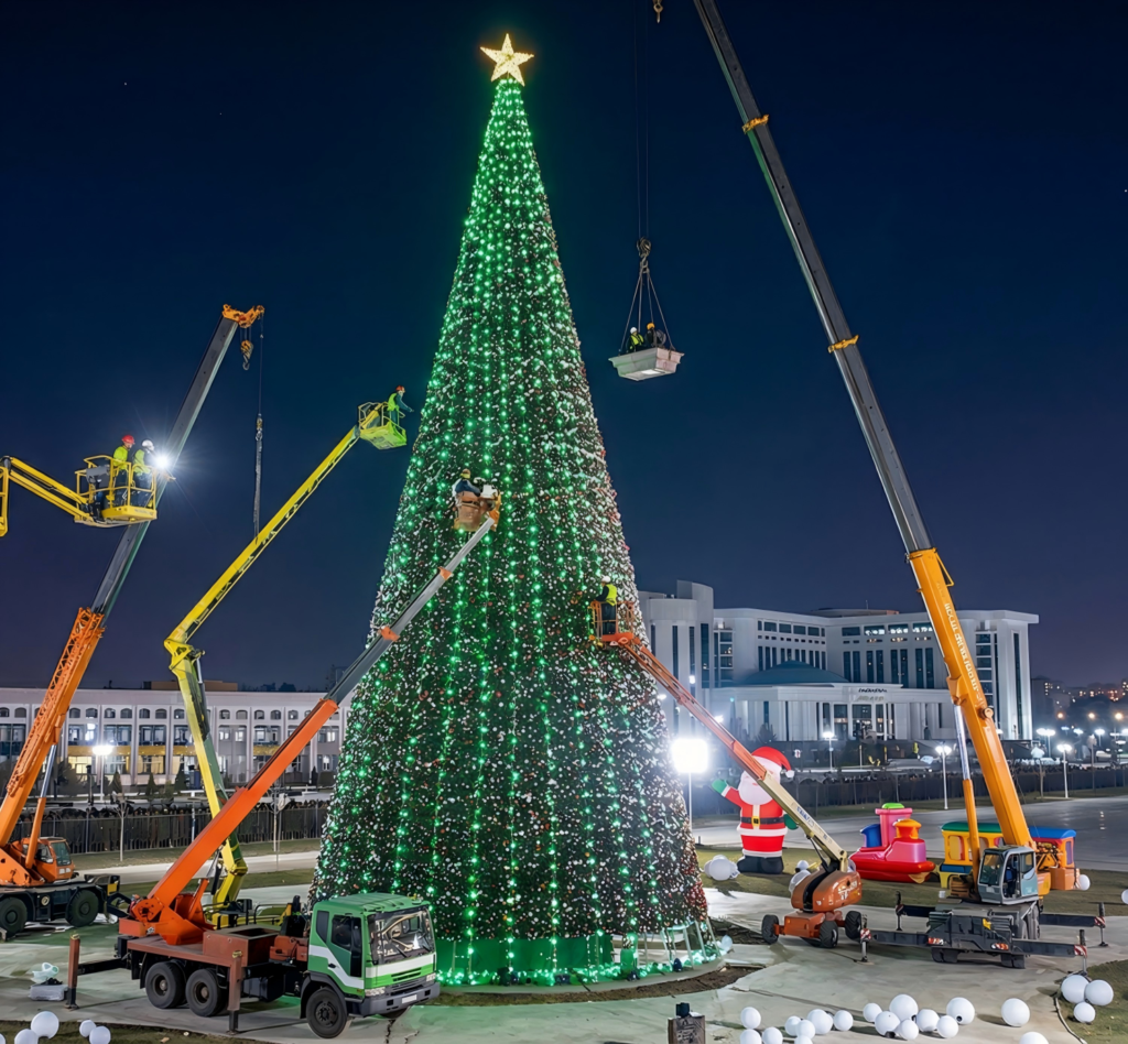 Giant cone-frame commercial Christmas tree being installed in a city plaza with cranes and lifting platforms