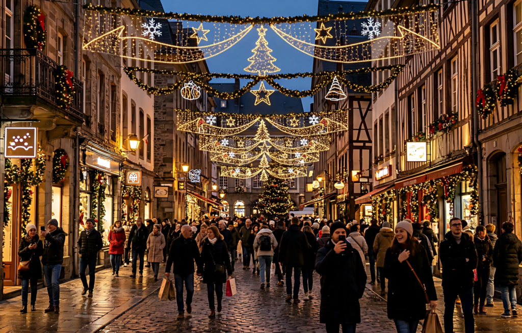 Lumières de Noël installées au-dessus d'une rue piétonne commerçante très fréquentée, avec une forte atmosphère festive et un trafic de visiteurs.