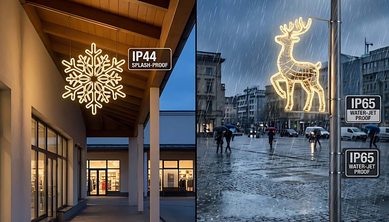 Strategic application of IP44 and IP65 in commercial festive lighting projects.