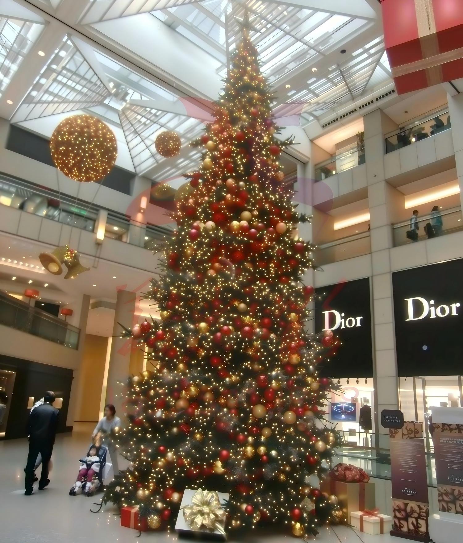 Árbol de Navidad comercial de forma completa instalado en el atrio de un centro comercial con densas ramas, luces cálidas y adornos decorativos.
