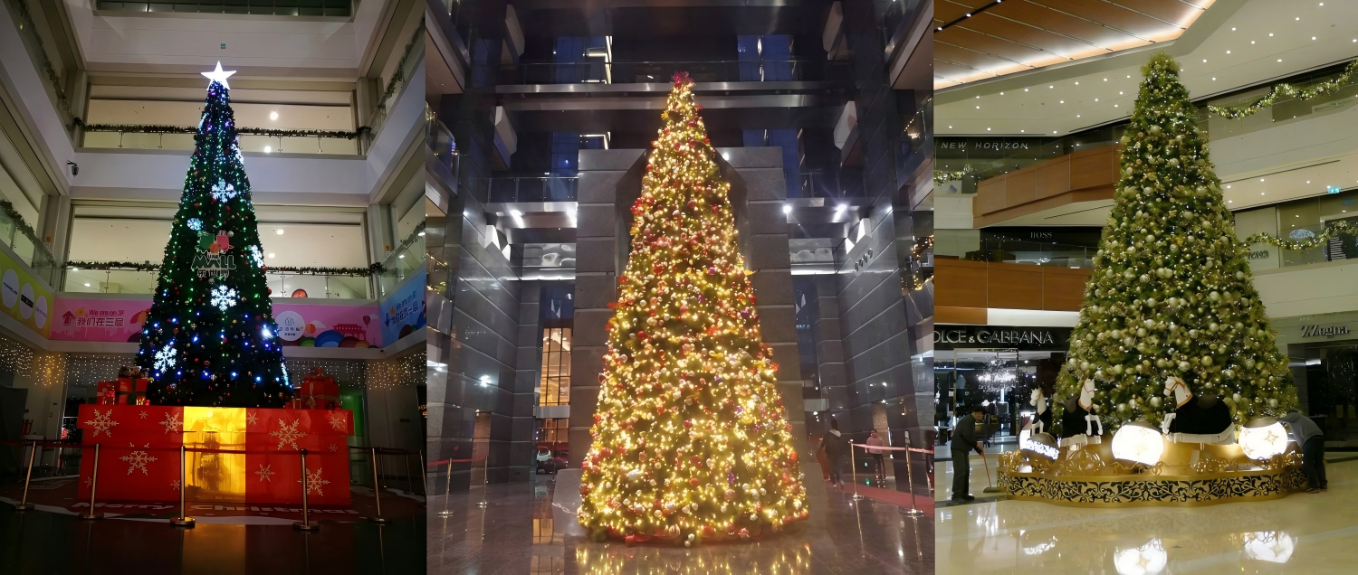Comparison of large indoor commercial Christmas tree displays in shopping mall and atrium environments