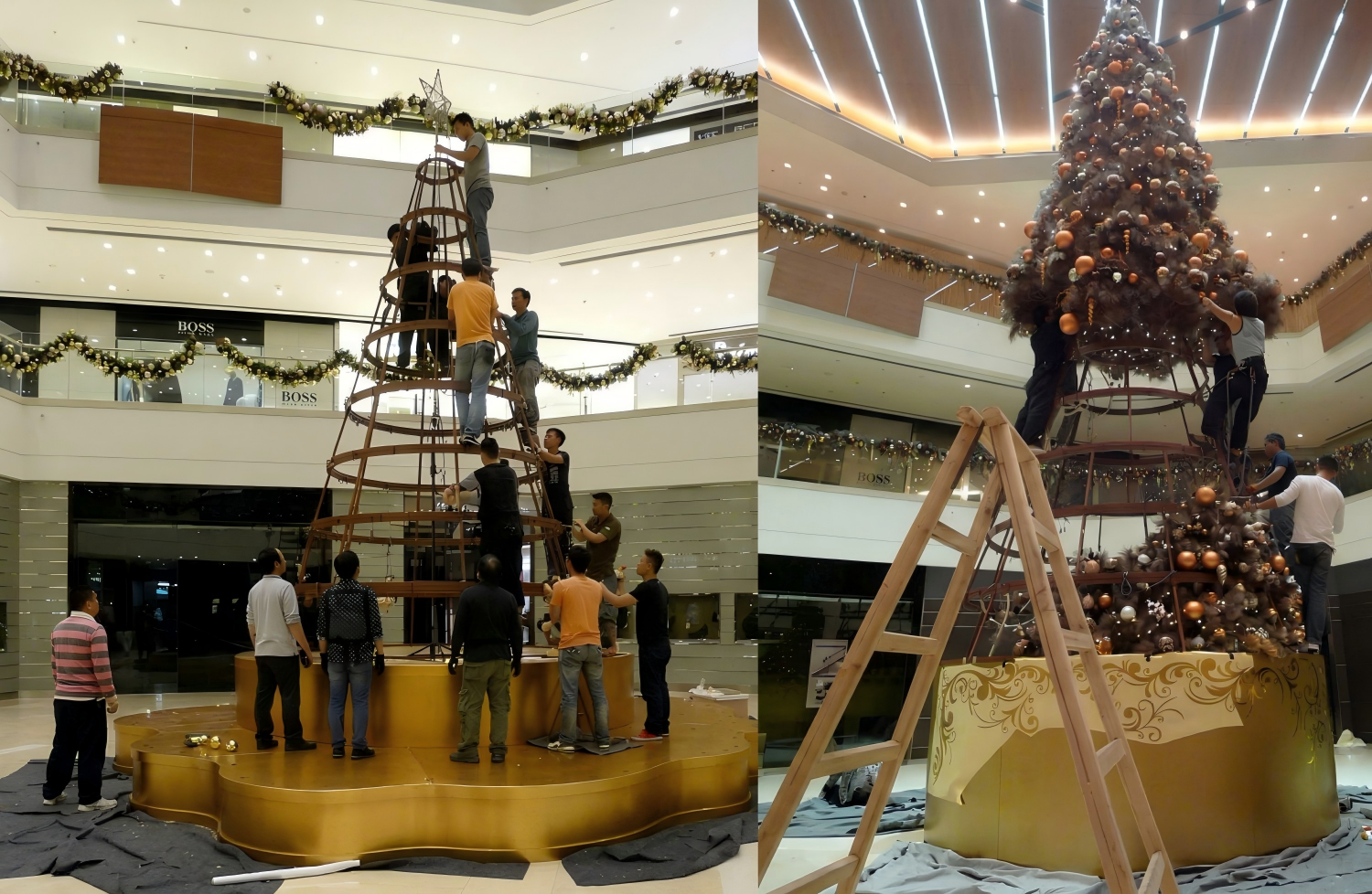 Installation process of a large commercial Christmas tree inside a shopping mall atrium