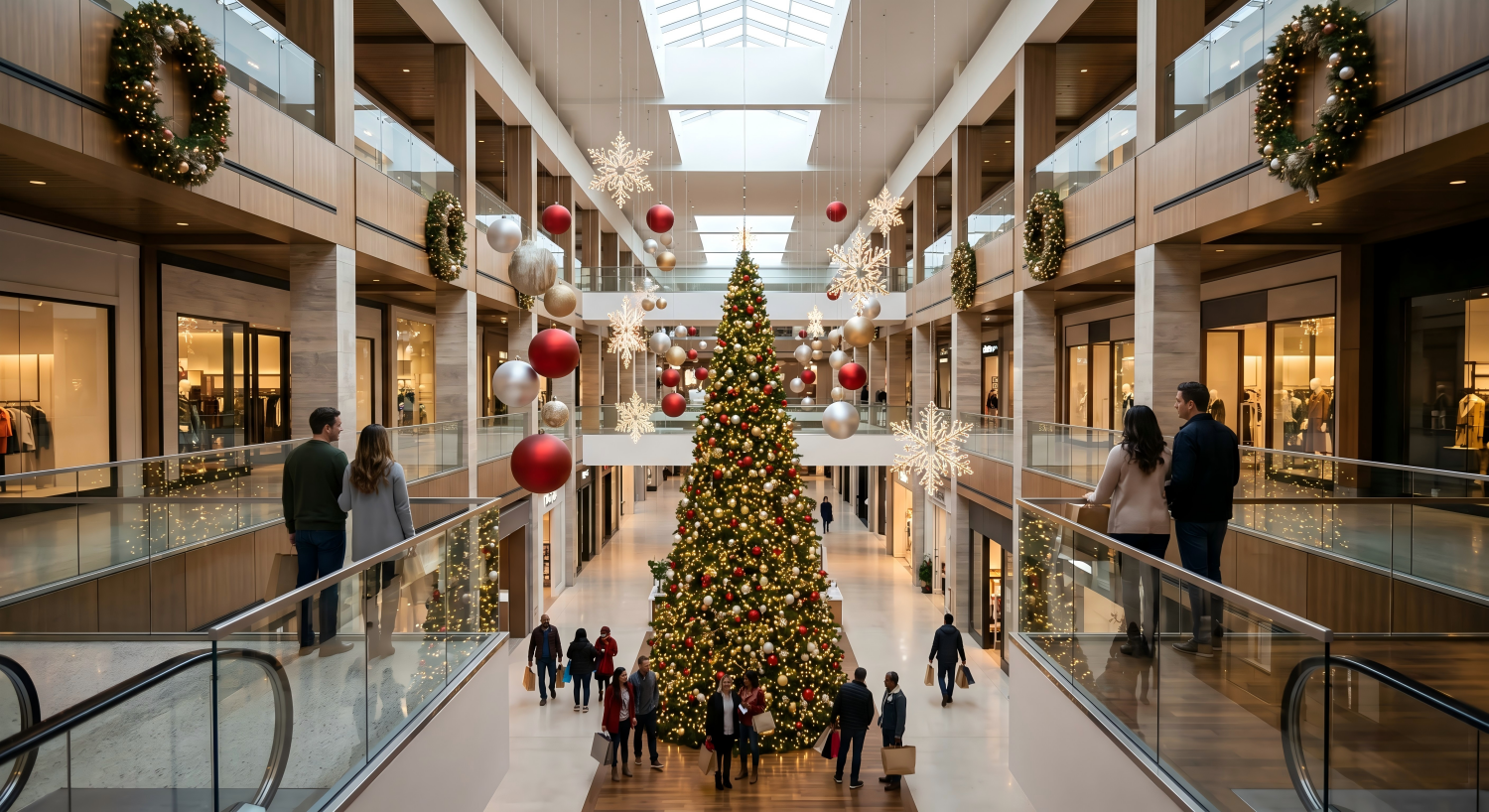 Shopping mall atrium Christmas tree with hanging ornament balls and suspended snowflake decorations viewed from the upper level