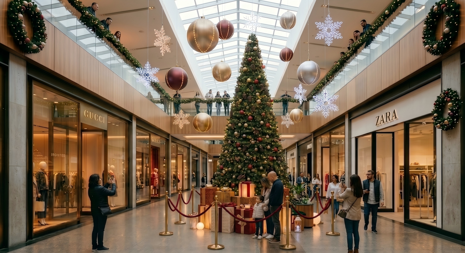 Large Christmas tree in a shopping mall atrium with oversized gift boxes arranged around the base