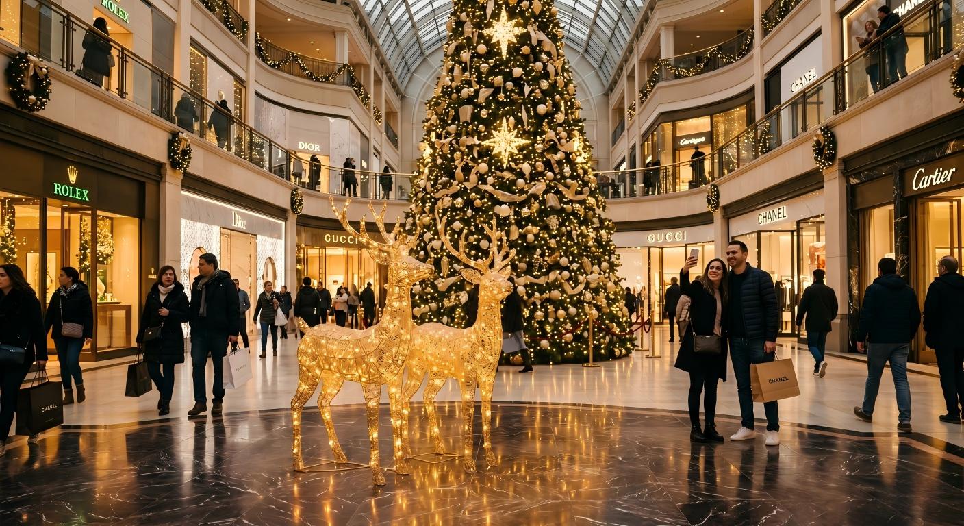 Reindeer decorations placed in the foreground of a mall Christmas tree display for photo interaction