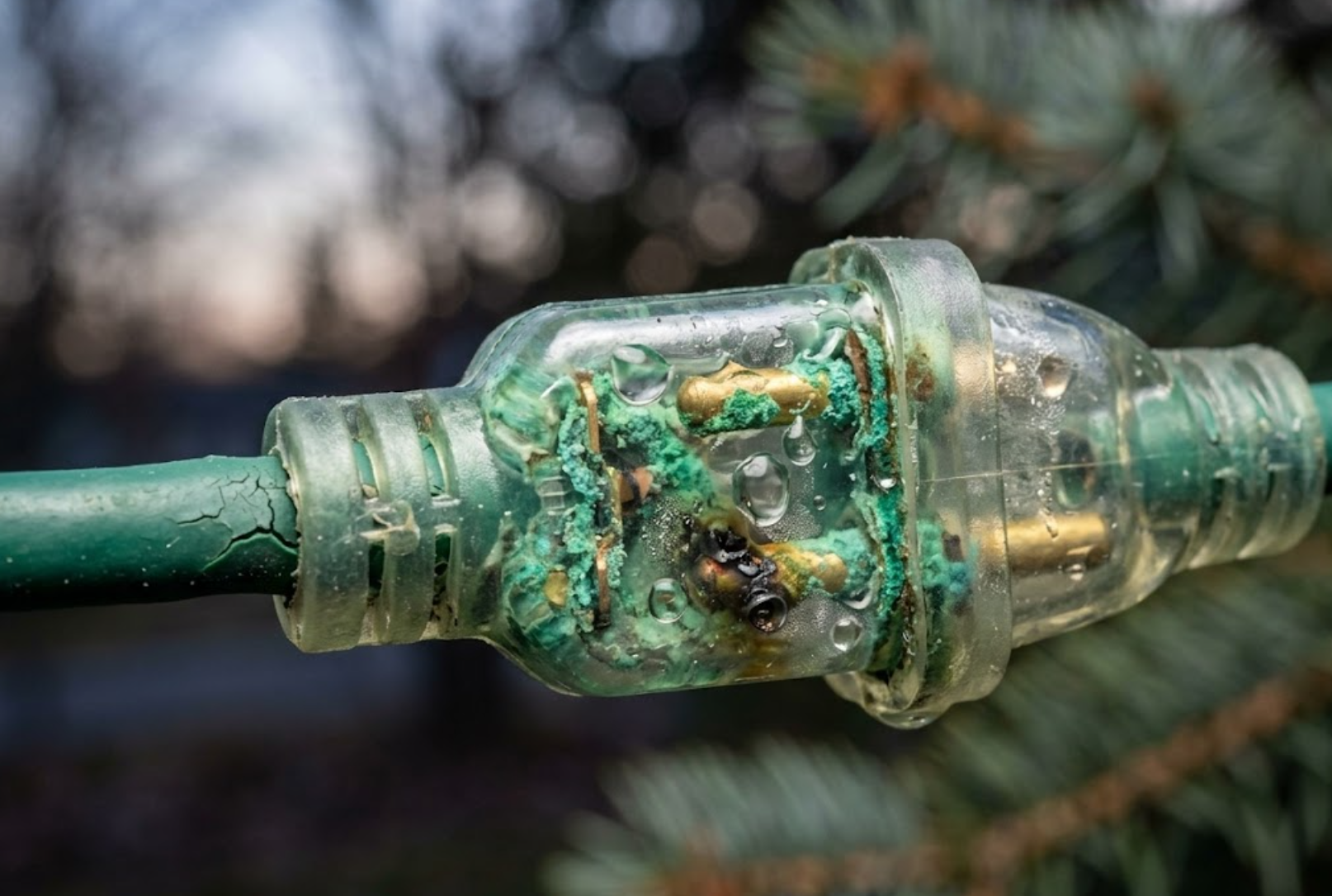 Corroded outdoor lighting connector failure analysis for commercial wholesalers.