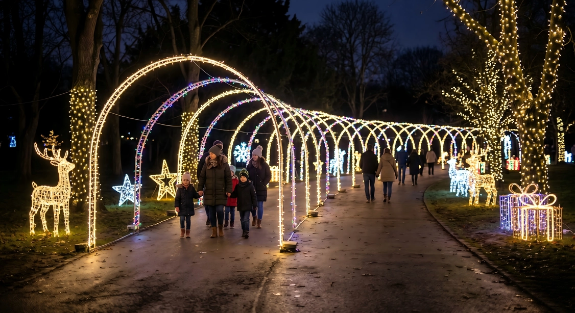 Ruta de luces navideñas del parque con exposiciones navideñas itinerantes, esculturas de luces decorativas y visitantes