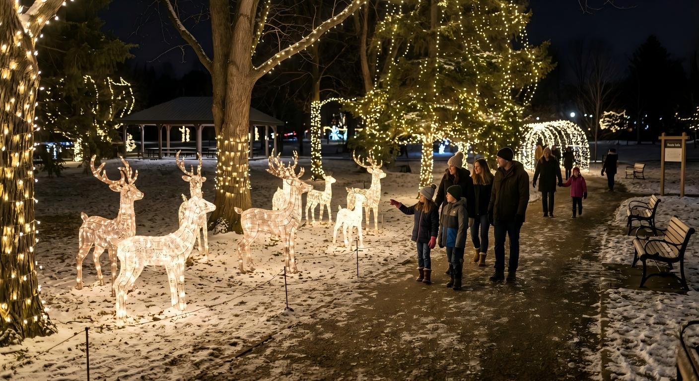 Reindeer light sculptures placed along a park pathway as part of a Christmas light route