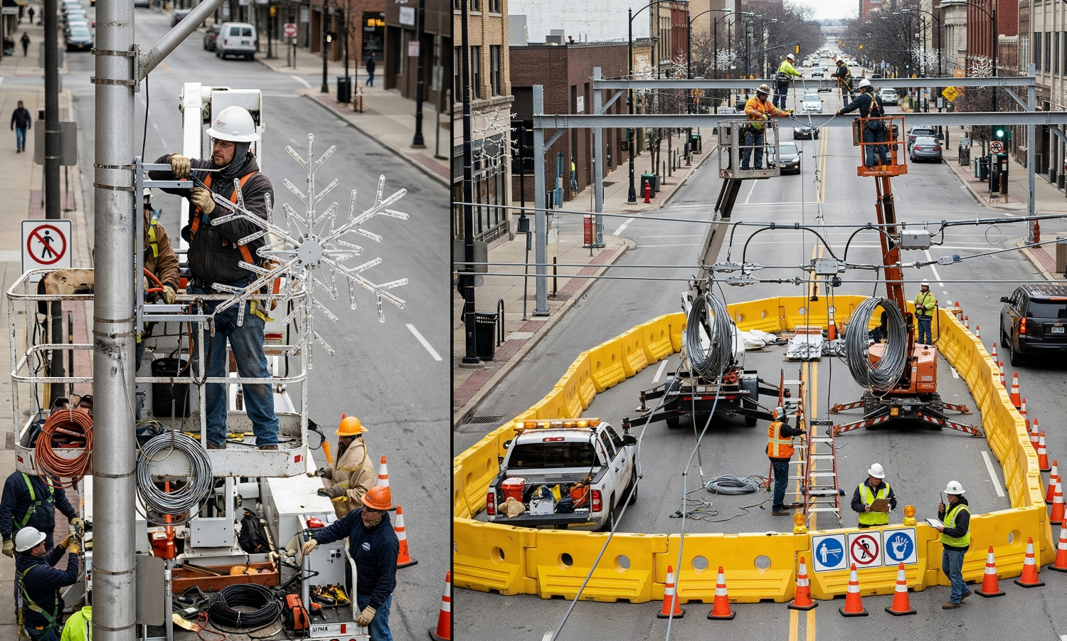 Comparison of pole motif light installation and cross-street holiday light installation on urban roads