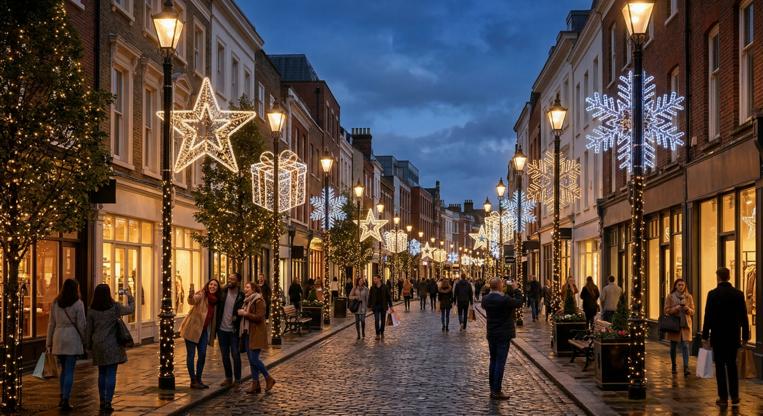 Lumières sur un motif de poteau disposées avec une variation coordonnée dans une rue commerçante avec une atmosphère de fête
