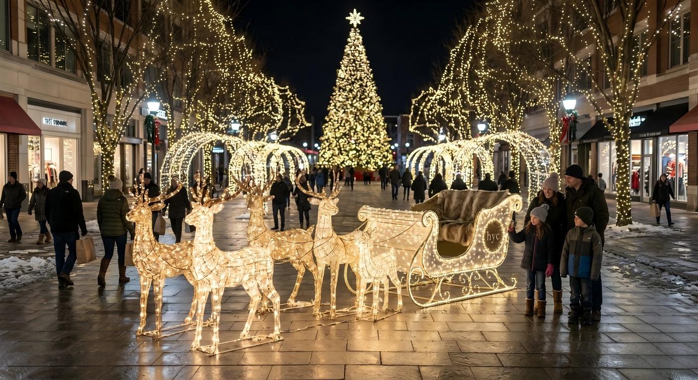 Reindeer and sleigh arrangement in a commercial Christmas display with space for photos