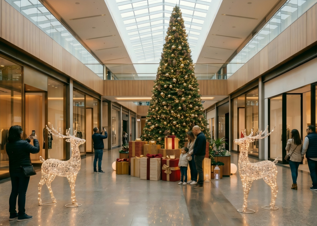 Scène de Noël dans l'atrium d'un centre commercial avec un grand sapin, des paquets cadeaux et des sculptures de rennes illuminées