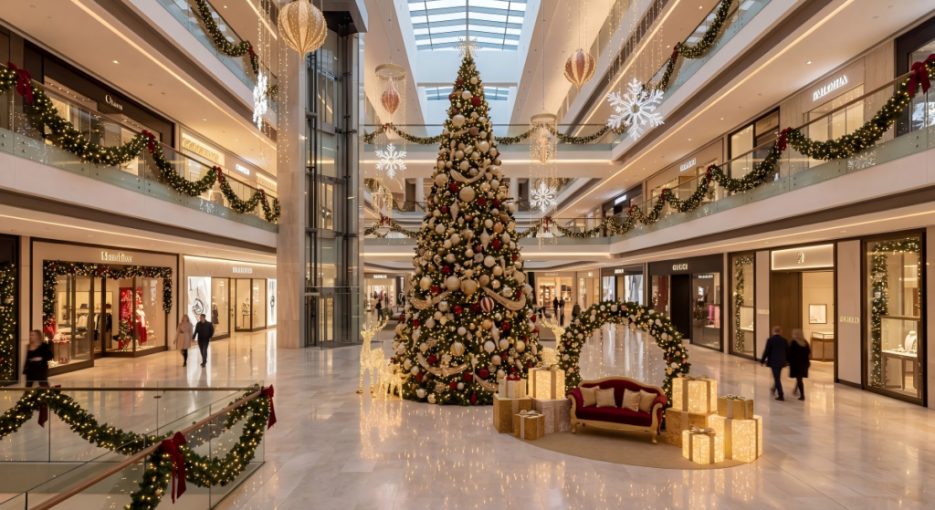 Luxury shopping mall atrium Christmas display with a large decorated tree, hanging ornaments, garlands, gift boxes, and a photo-friendly seating area