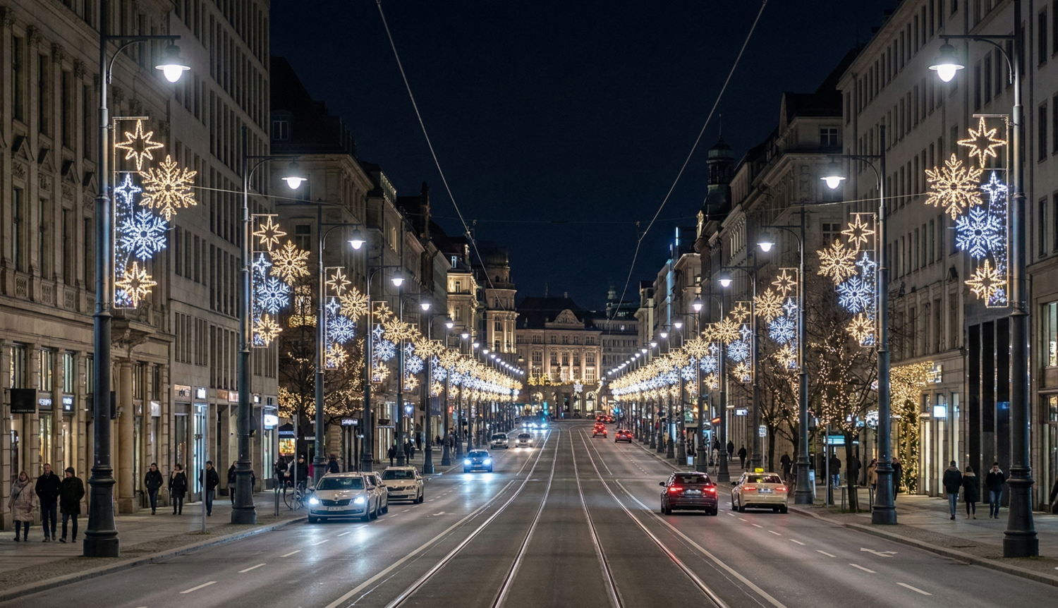 Des lampes à motif répétitif standardisé sont installées de part et d'autre d'une route principale de la ville pour un éclairage festif.