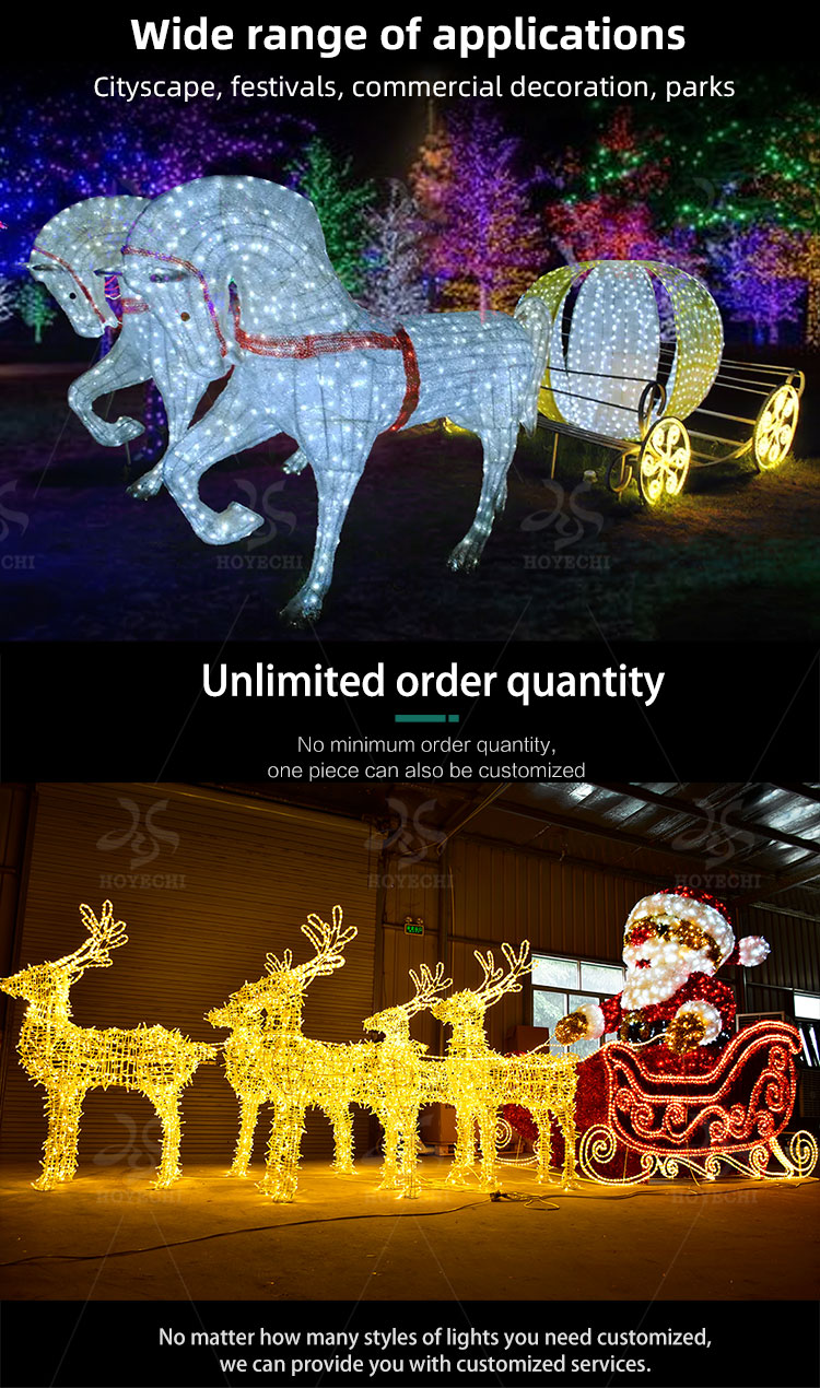 Giant LED reindeer sleigh decoration for outdoor Christmas yard and commercial display