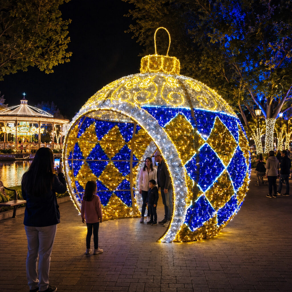 Custom Blue & Gold Diamond Pattern Walk-Through Christmas Bauble Arch Light, Giant LED Spherical Ornament for Commercial Holiday Display