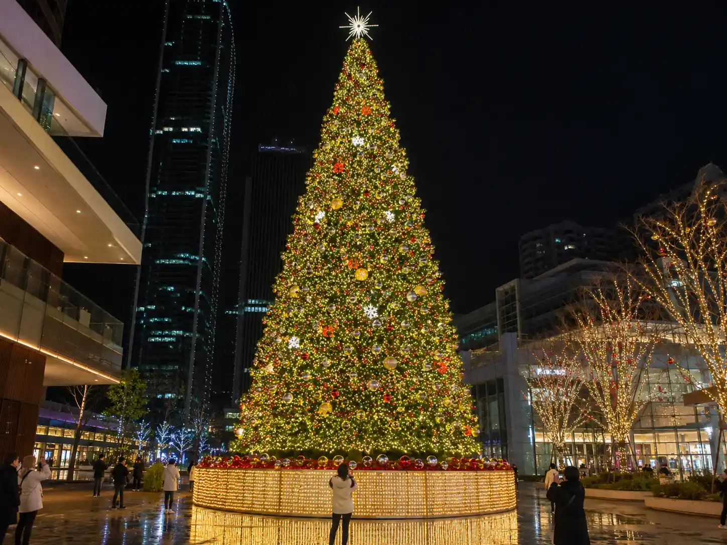Tall outdoor commercial Christmas tree with rich decorations and lights in a public urban square