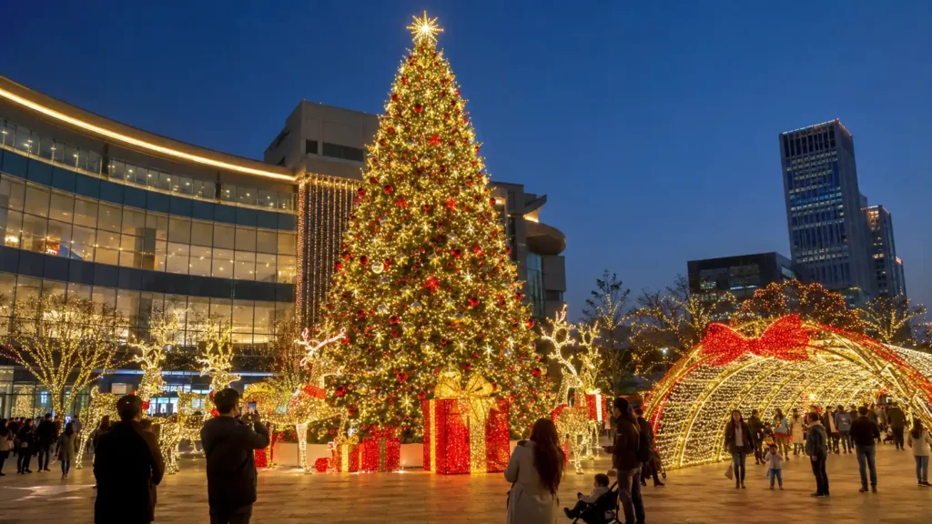 Large commercial Christmas tree with dense warm white and multicolor LED lights in a city plaza at night