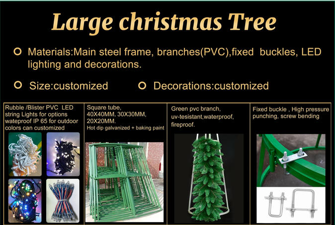Caractéristiques techniques de l'arbre de Noël géant modulaire HOYECHI montrant les fixations à boulon en U et le cadre en acier galvanisé.