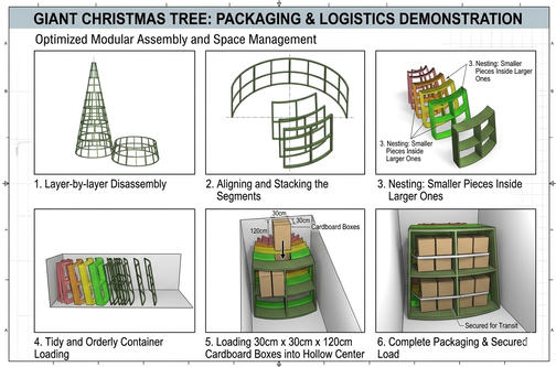 Une démonstration technique en 6 étapes de l'emballage modulaire d'un arbre de Noël géant et de l'optimisation de l'espace des conteneurs.