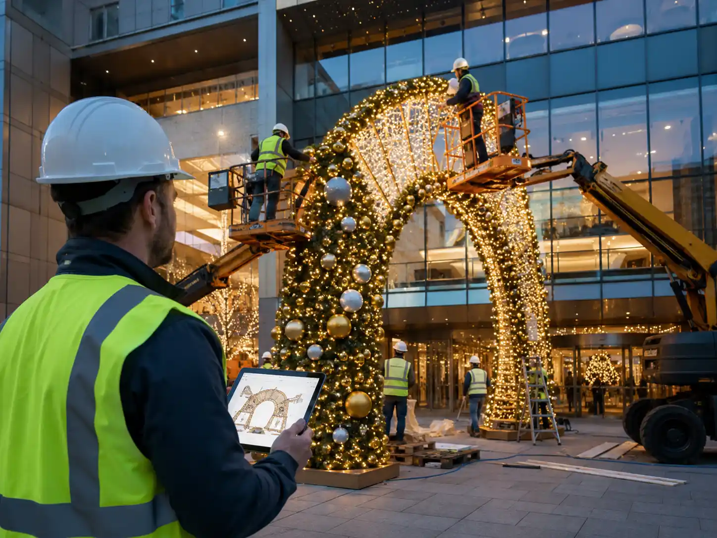 Installation team working on an illuminated holiday arch at dusk