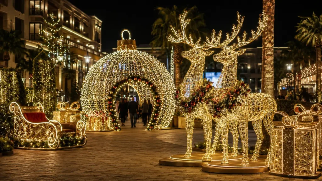 3D Christmas light sculptures featuring illuminated reindeer, a sleigh, gift boxes and a giant ornament photo zone
