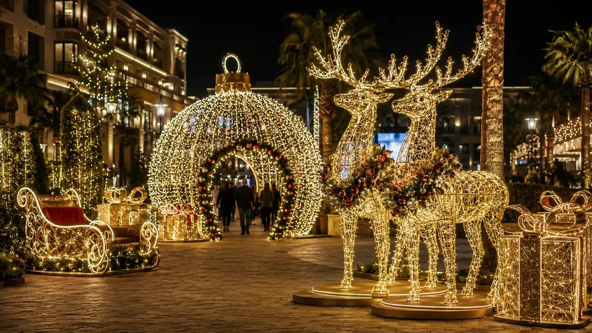 Three-dimensional Christmas light sculptures in a resort photo zone
