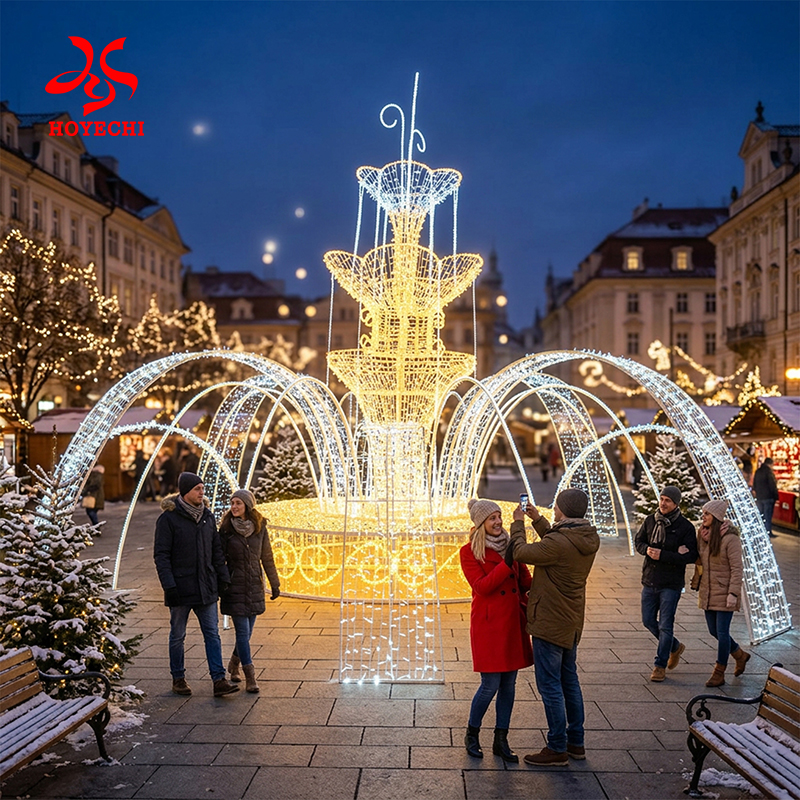 Decorative fountain motif light glowing in an outdoor public square