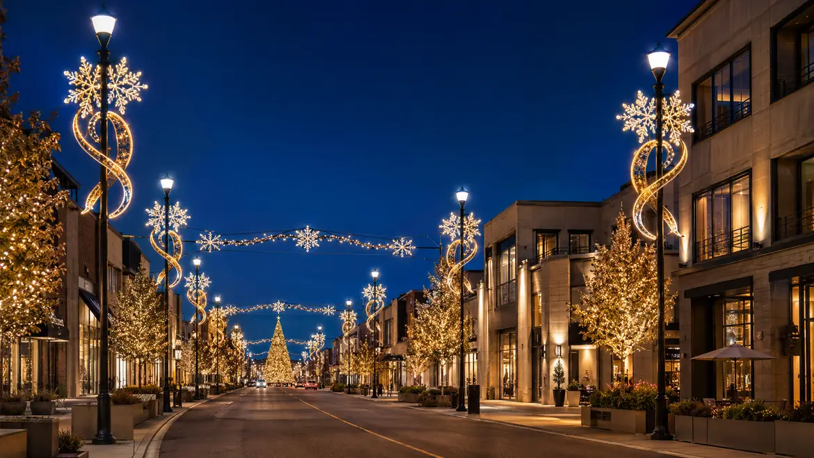 Christmas pole motif lights installed along a city street