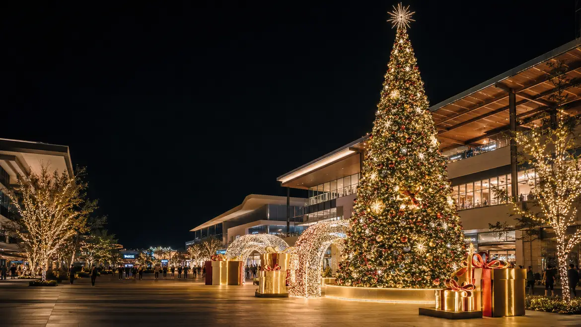 Commercial Christmas decoration display with a large illuminated tree and light arches