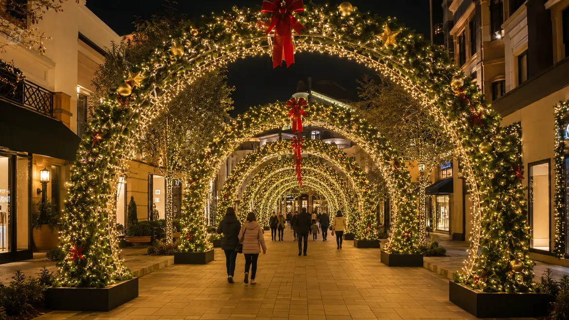 Commercial Christmas light tunnel in a shopping district