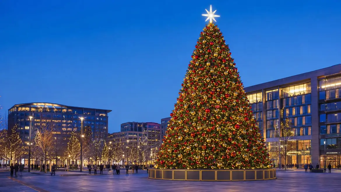 Giant illuminated Christmas tree in a city square at night