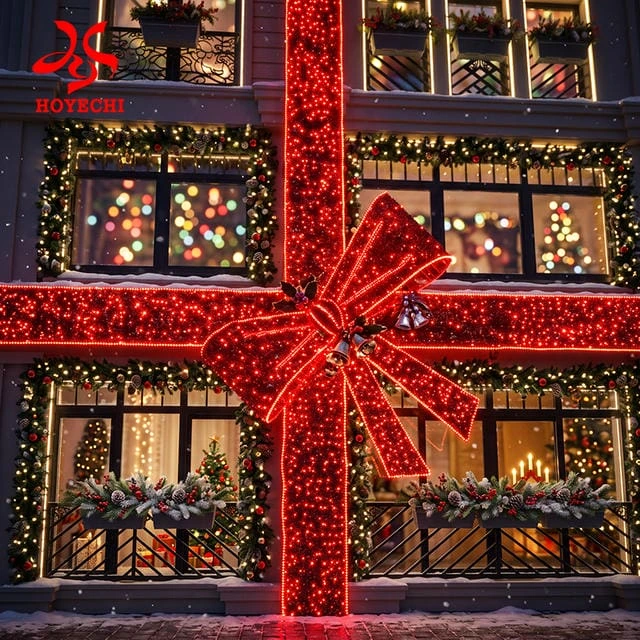 Concept rendering of an illuminated ribbon and bow design covering a building façade