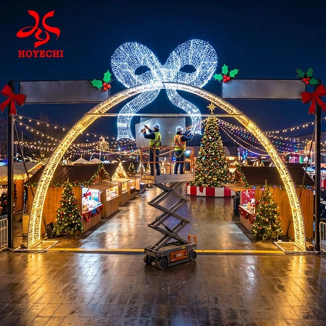 Concept rendering of an illuminated bow arch shown with a scissor lift in a market setting