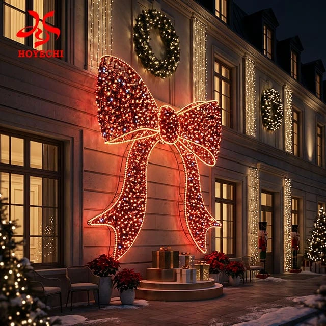 Concept rendering of a red illuminated bow displayed on a building façade