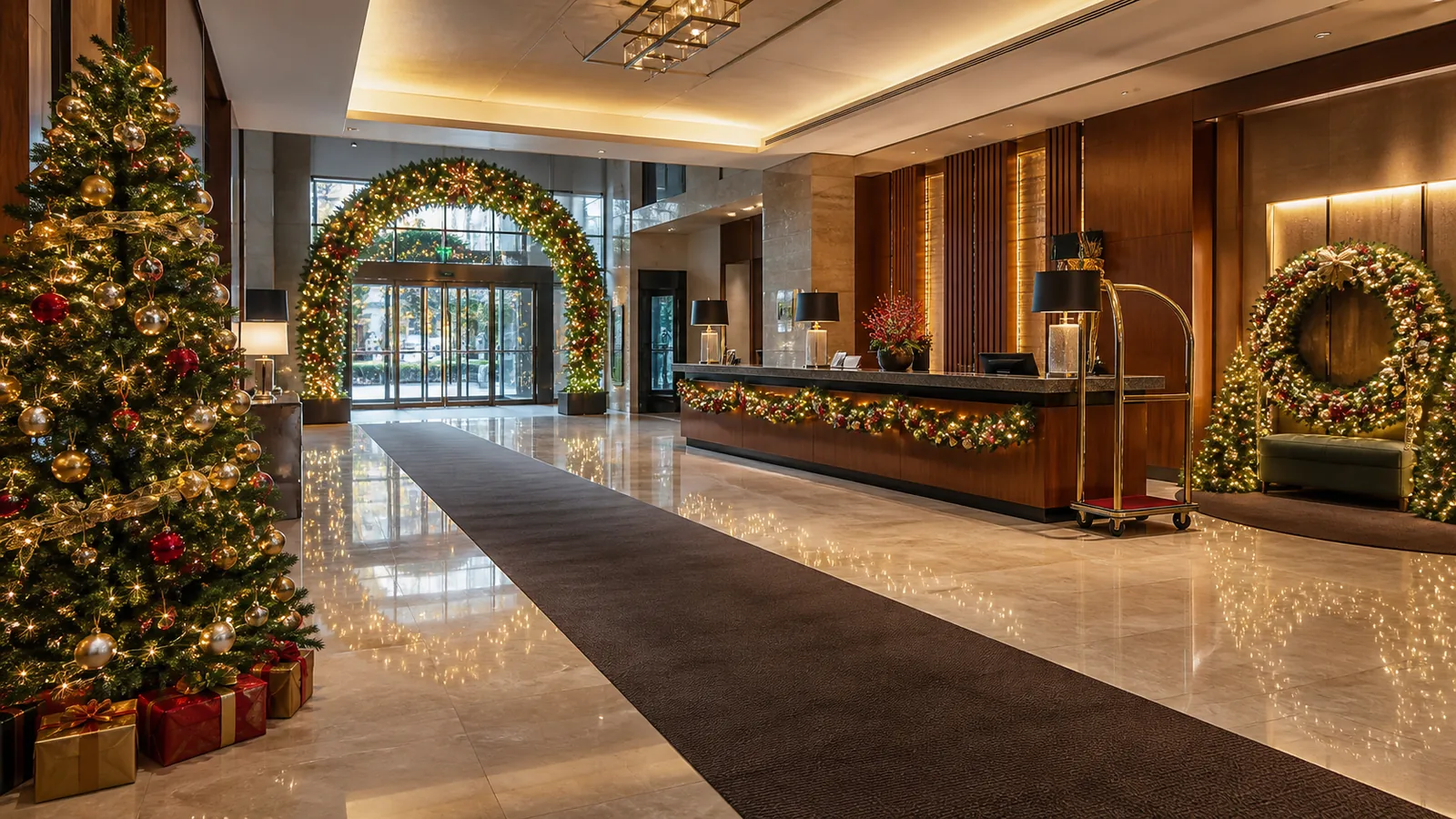 Illustrated Christmas-decorated lobby with an entrance route, reception desk, and luggage cart